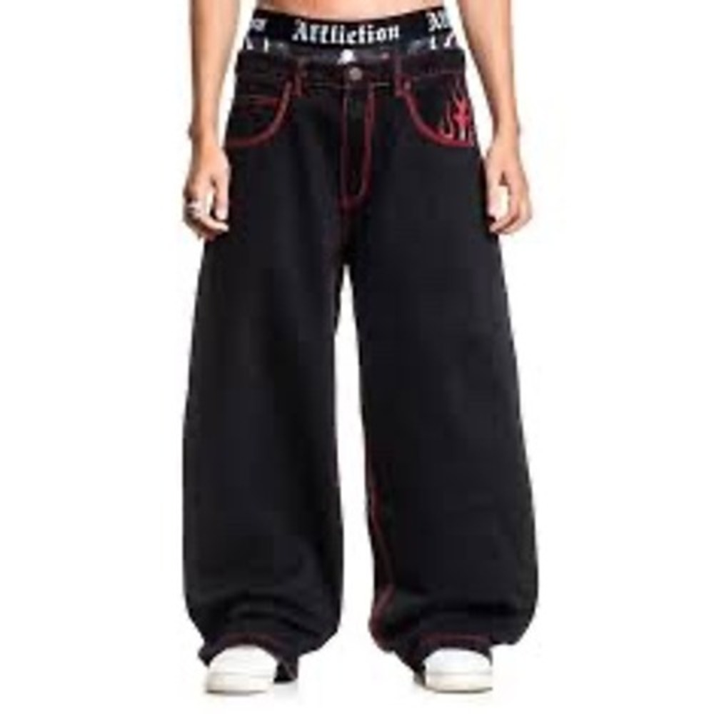 Affliction Flameful Faith Youth Wide Leg Jeans Black Red Flame Skater Siz 27 NEW